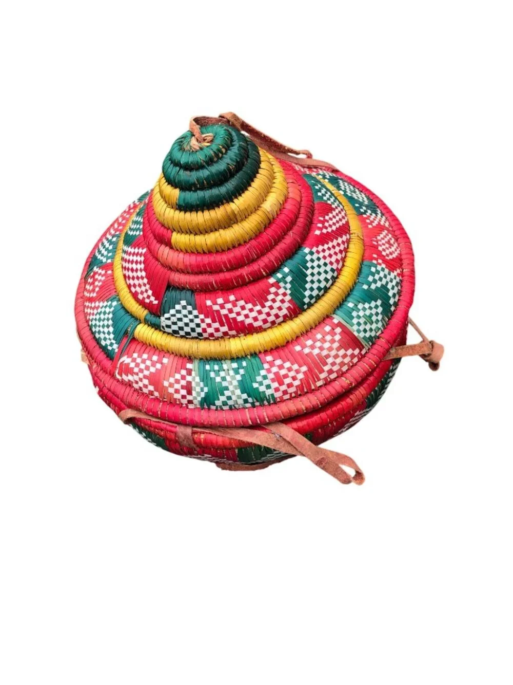 Ethiopian Handwoven Multi-Color Coiled Basket Lid Leather Straps Traditional Des